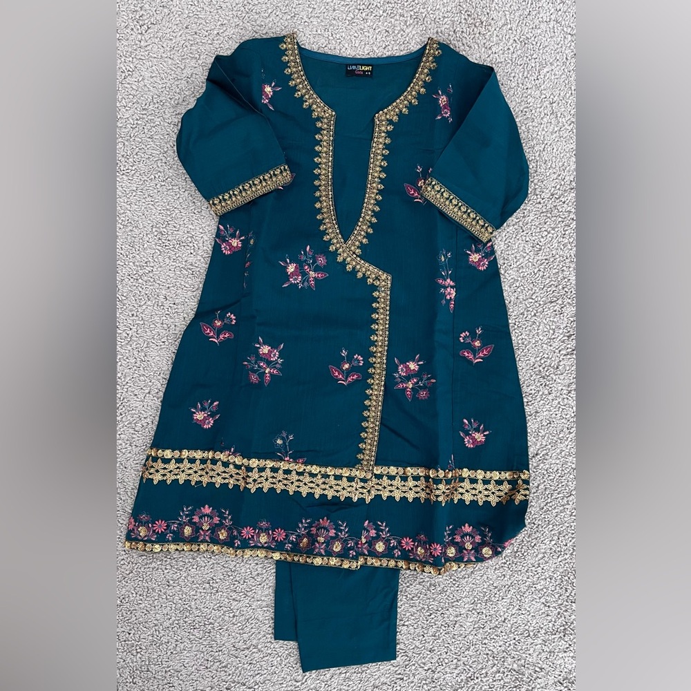 Teal Embroidered Traditional Tunic with Gold Trim